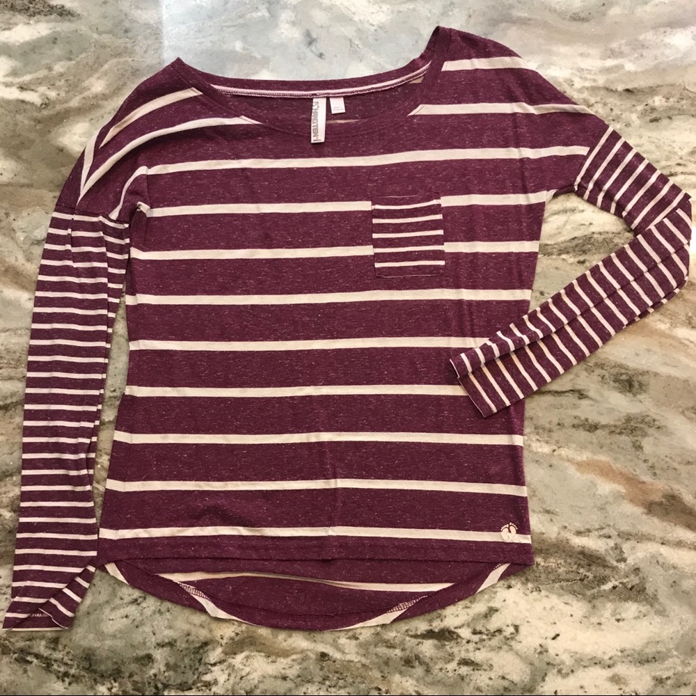 Purple striped pocket front long sleeve tee.